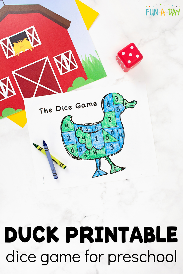 a printable duck dice game on a farm background with the text duck printable dice game for preschool