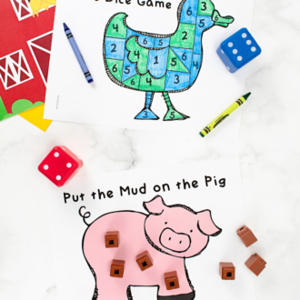 two farm-themed dice games for preschoolers one with a pig and one with a duck
