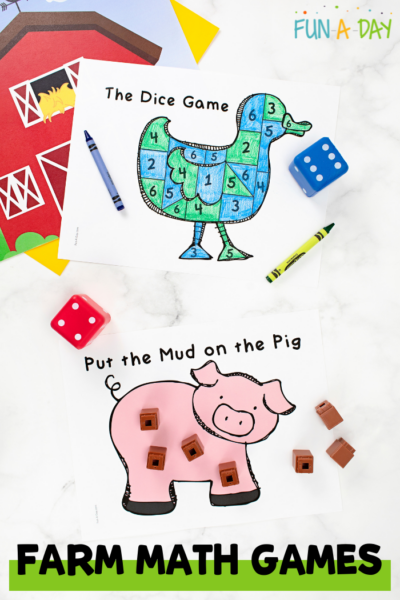 two farm-themed dice games for preschoolers one with a pig and one with a duck