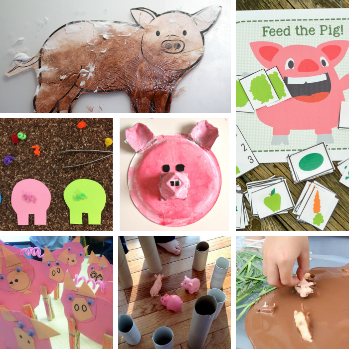 seven pig-themed preschool activities in a collage