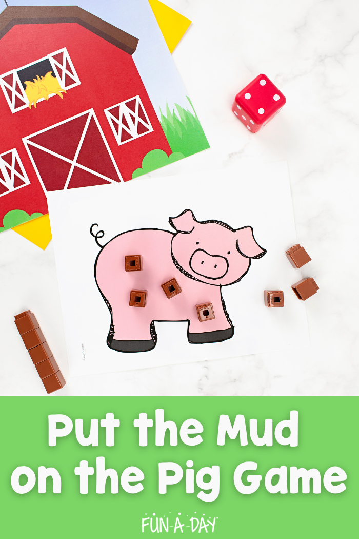 a printable pig game with brown unifix cubes on a farm background with the text put the mud on the pig game