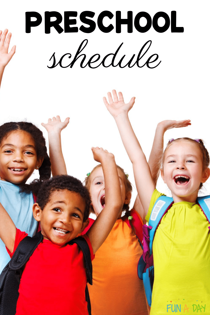 four children with hands raised and smiling with text that reads preschool schedule
