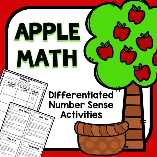 picture of two printables and a cartoon tree with apples in it with the text apple math differentiated number sense activities