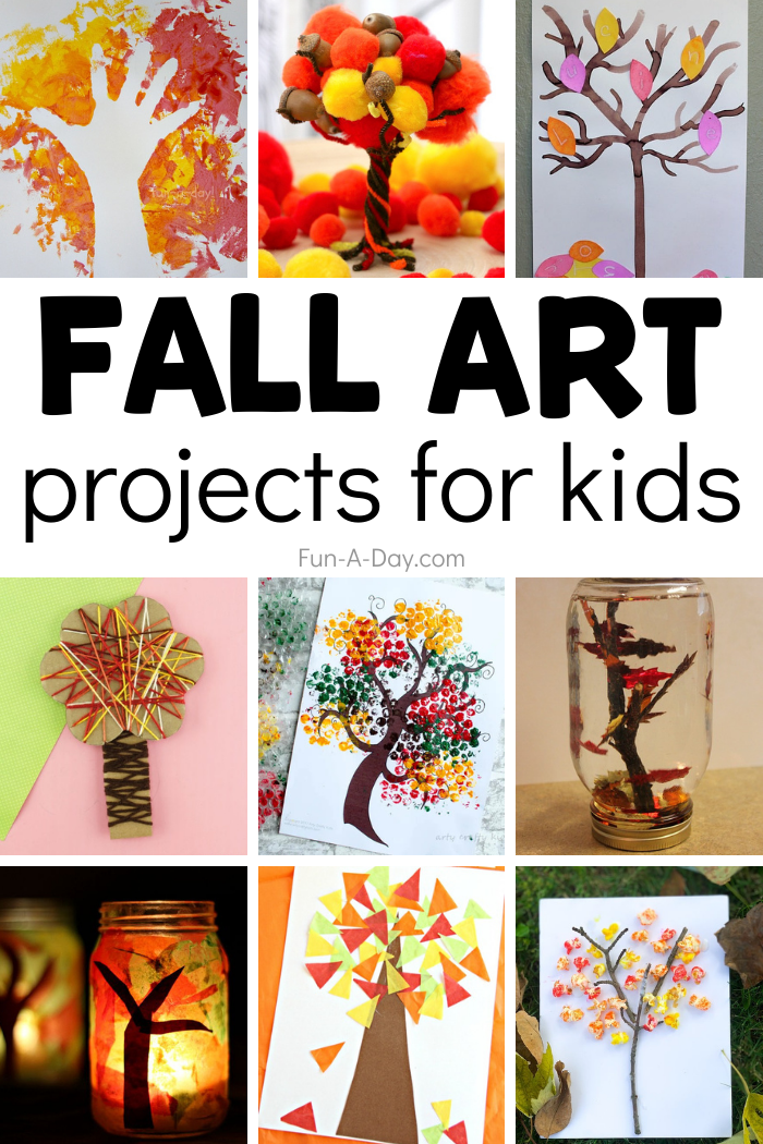 nine different fall tree art projects in a pinnable collage with the text fall art projects for kids