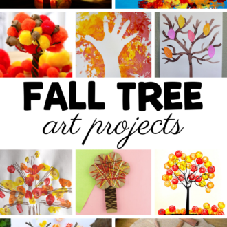 ten different fall tree projects for preschool in a pinnable collage with the text 'fall tree art projects'