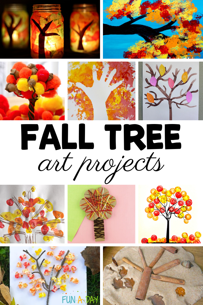 ten different fall tree projects for preschool in a pinnable collage with the text fall tree art projects