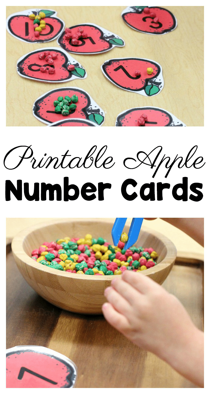 Pinnable collage of images with text that reads printable apple number cards. Top image of numbered apples with dyed chickpeas, and bottom image is child using tweezers to transfer chickpeas.