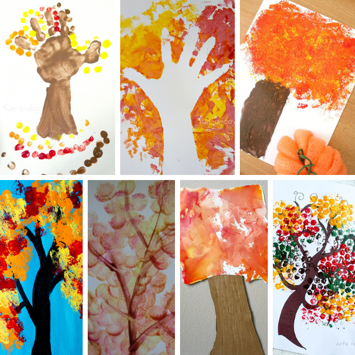 seven different fall tree art projects in a collage
