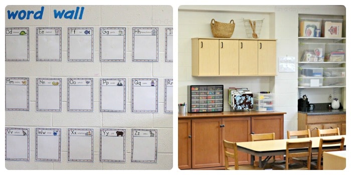Word wall and supply cabinets in my preschool classroom