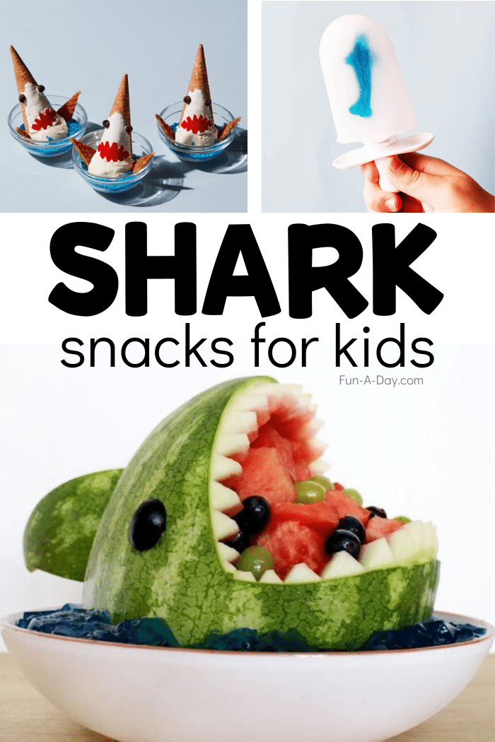 shark-themed snacks with text that reads shark snacks for kids