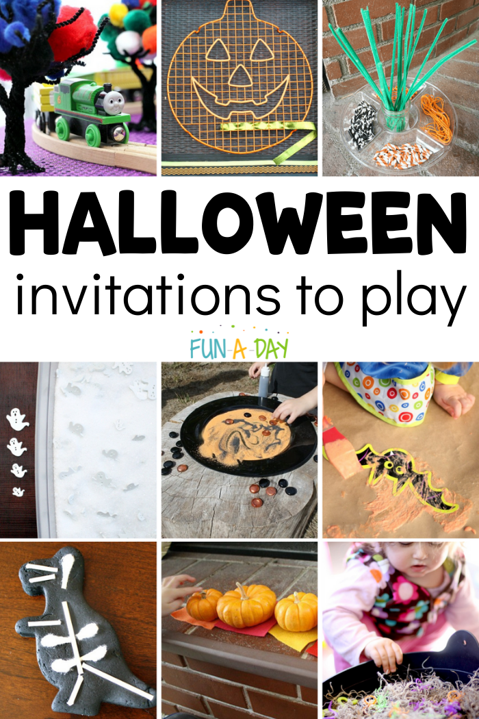 collage of nine open-ended Halloween activities for preschool and the text, 'Halloween invitations to play'