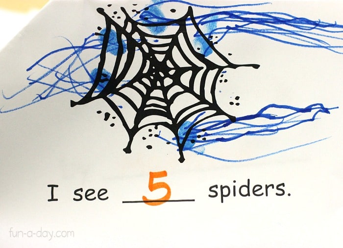 child-drawn spiders in a printable spider book with text that reads I see 5 spiders