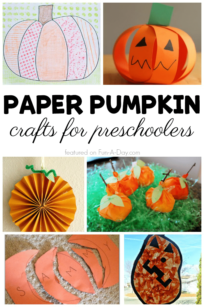 collage of pumpkin art with text that reads paper pumpkin crafts for preschoolers