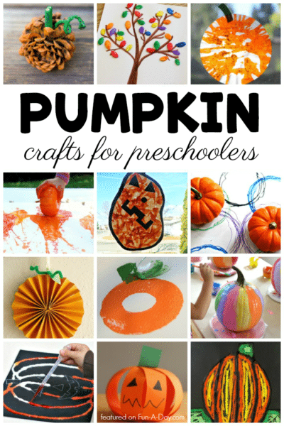 collage of pumpkin art with text that reads pumpkin crafts for preschoolers