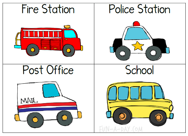 using vehicle cards to label a map for a community helpers preschool theme