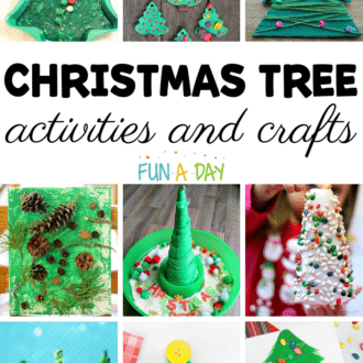 pinnable image of nine different preschool christmas tree activities with the text, 'Christmas tree activities and crafts'