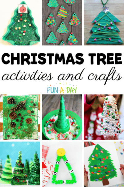 pinnable image of nine different preschool christmas tree activities with the text, 'Christmas tree activities and crafts'