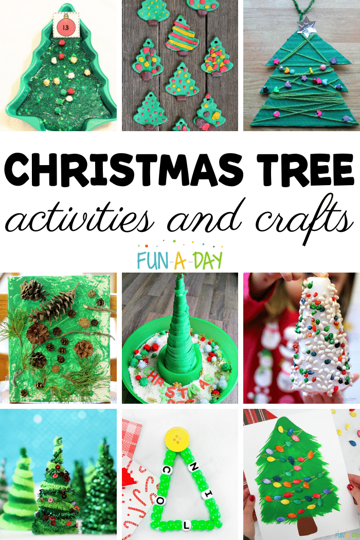 Nine different preschool christmas tree activities with the text that reads Christmas tree activities and crafts