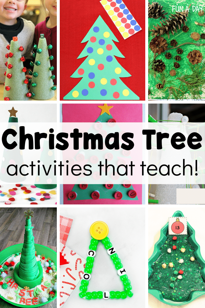 collage of nine different preschool christmas activities with text that reads christmas tree activities that teach!