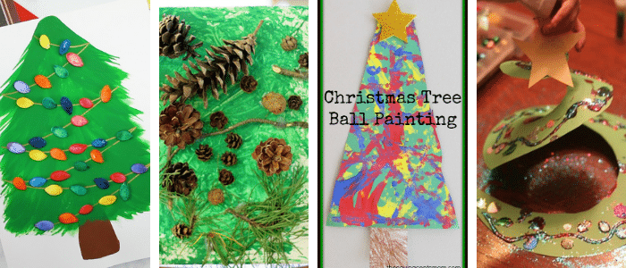 a collage of four preschool christmas tree art activities