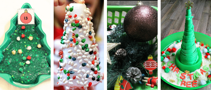 collage of four different sensory activities with a christmas tree theme