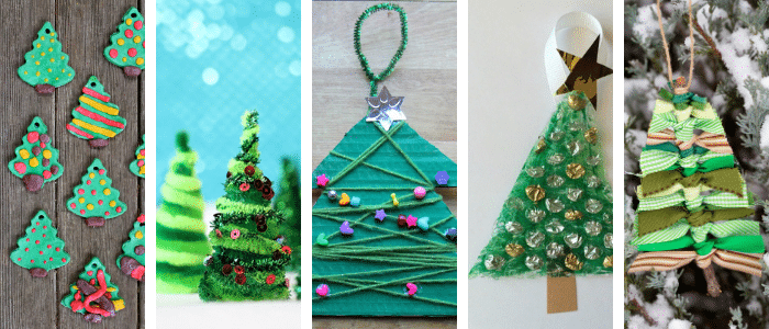 collage of five different christmas tree ornaments for kids to make