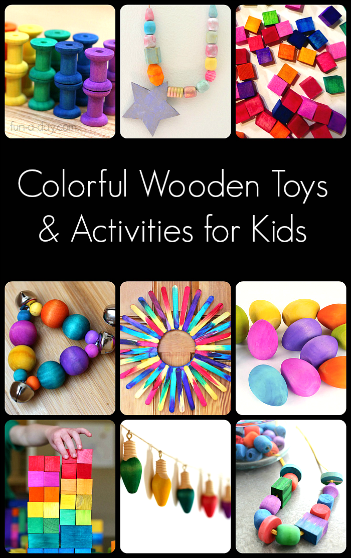 DIY toys and art activities for kids made of liquid watercolor dyed wood