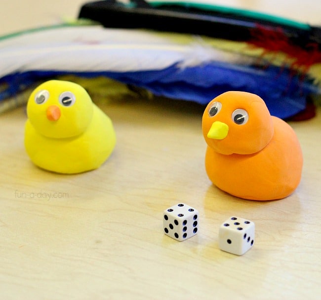 Feather dice game is a great way to incorporate fun turkey math in preschool