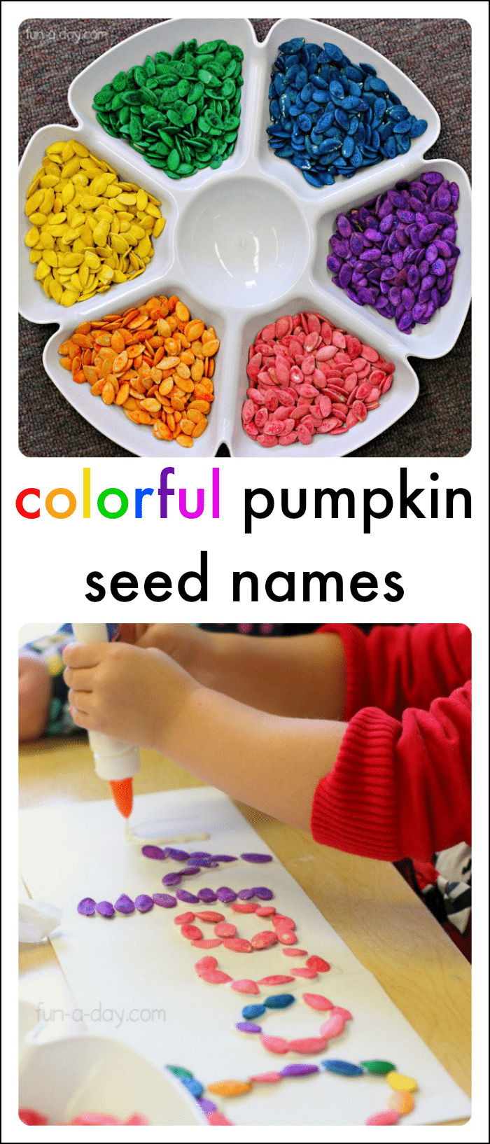 Rainbow pumpkin seeds name activities for kids to try today