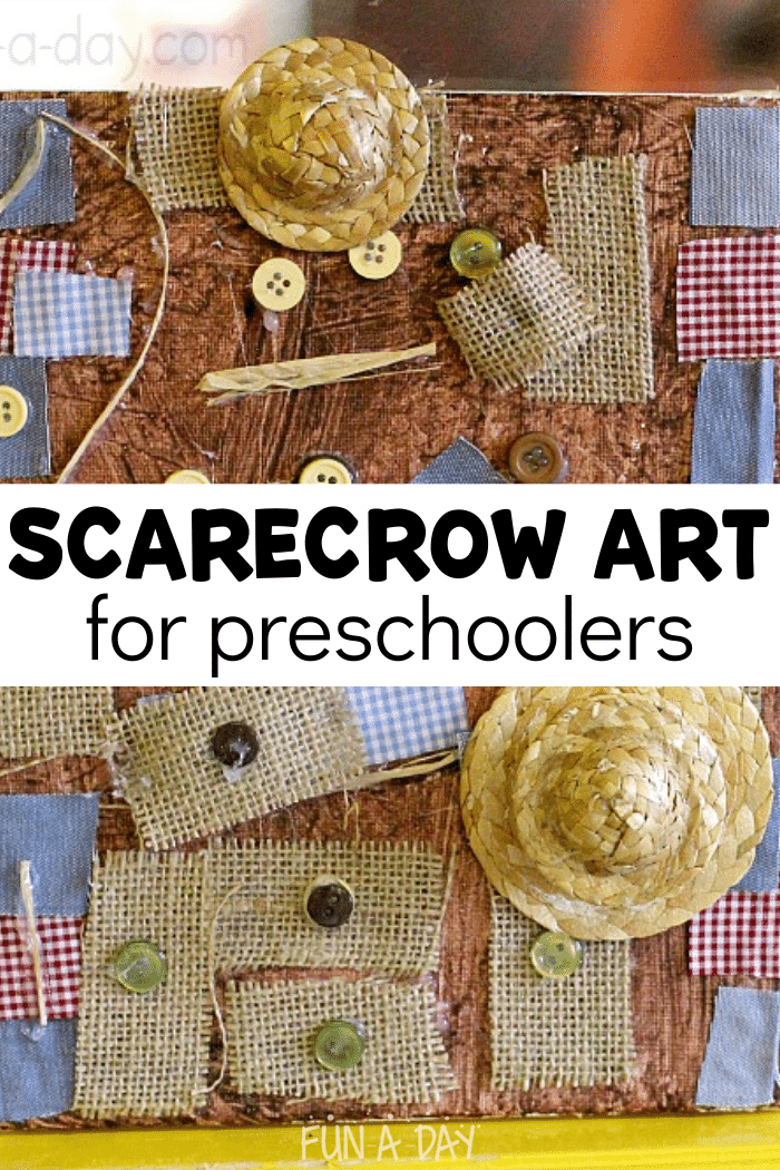 Scarecrow canvas art with text that reads scarecrow art for preschoolers.