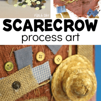 Collage of scarecrow art project with text that reads scarecrow process art.