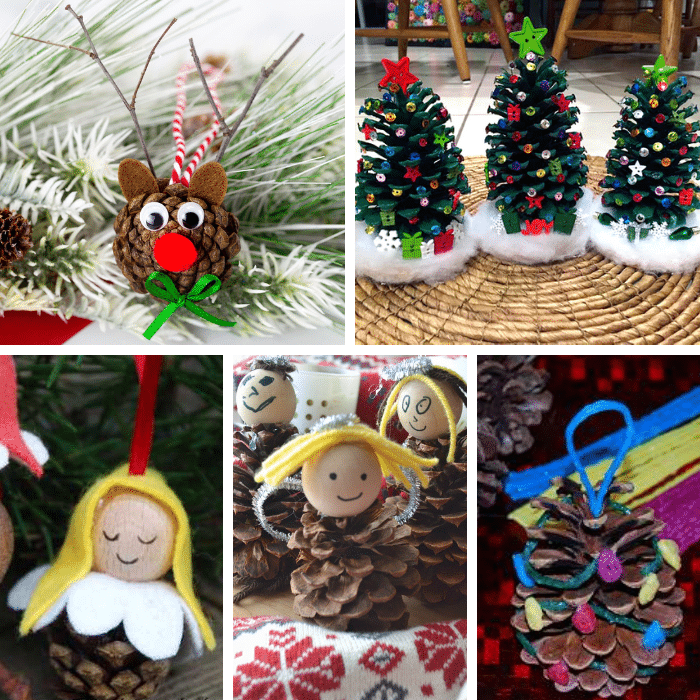 collage of five different favorite preschool pine cone crafts for Christmas