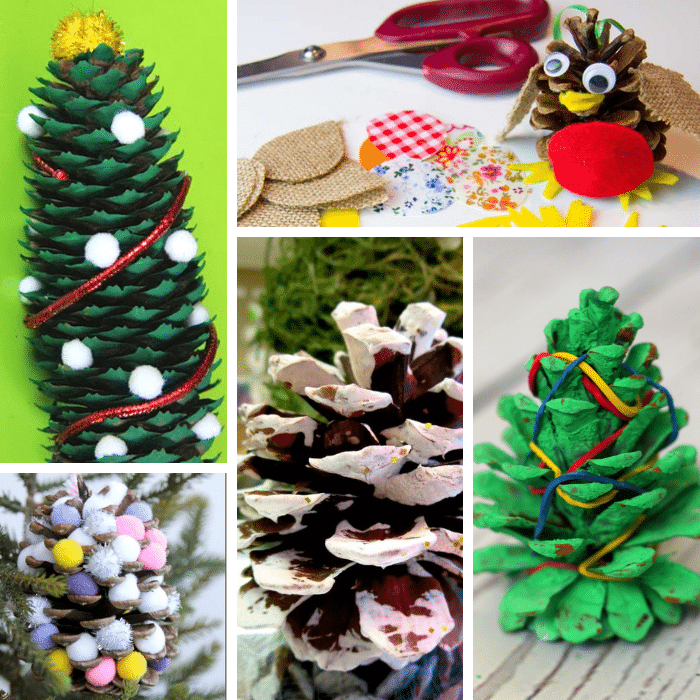 collage of five pine cone crafts for Christmas that each reinforce a learning skill