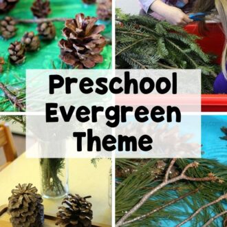 close up of four activities with evergreen trees and the text 'preschool evergreen theme'