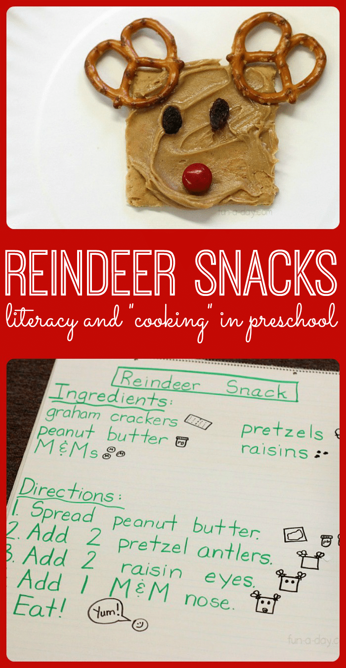 Graham Cracker Reindeer Christmas snacks for kids to make using a shared reading chart as a recipe