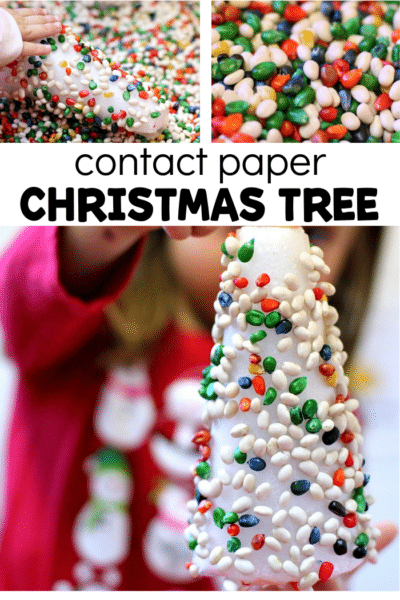 Collage of christmas sensory bin with text that reads contact paper christmas tree.