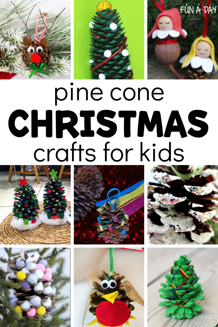 collage of nine different christmas pine cone craft ideas with the text, pine cone Christmas crafts for kids