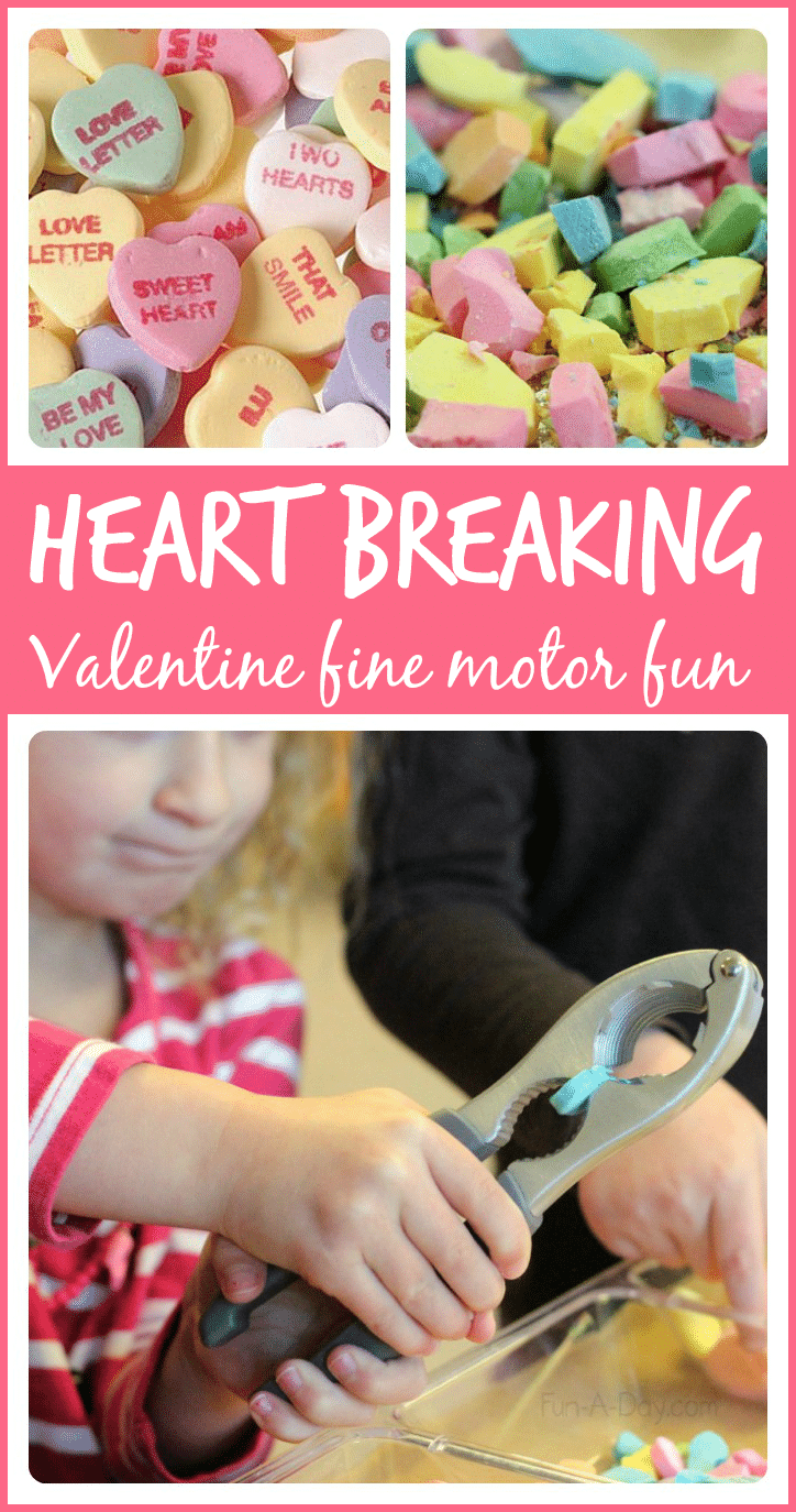 Candy heart breaking Valentine's Day fine motor activity