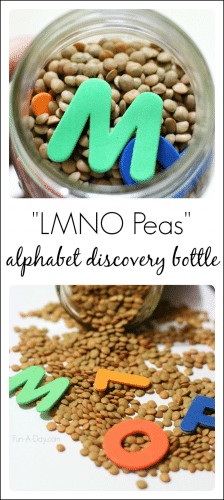 Preschool Alphabet Game with an LMNO Peas Discovery Bottle
