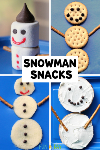 four snowman-shaped snacks for preschoolers to make and the text snowman snacks