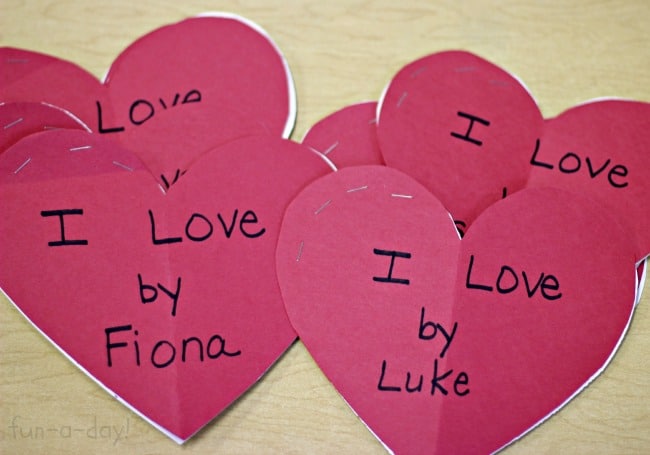 Heart shaped books hand made by kids entitled I Love.