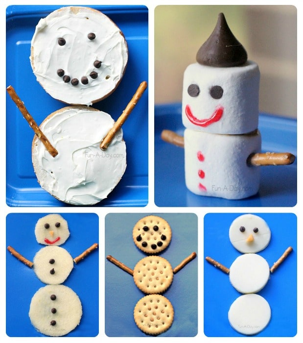 five different snowman snacks in a square collage image