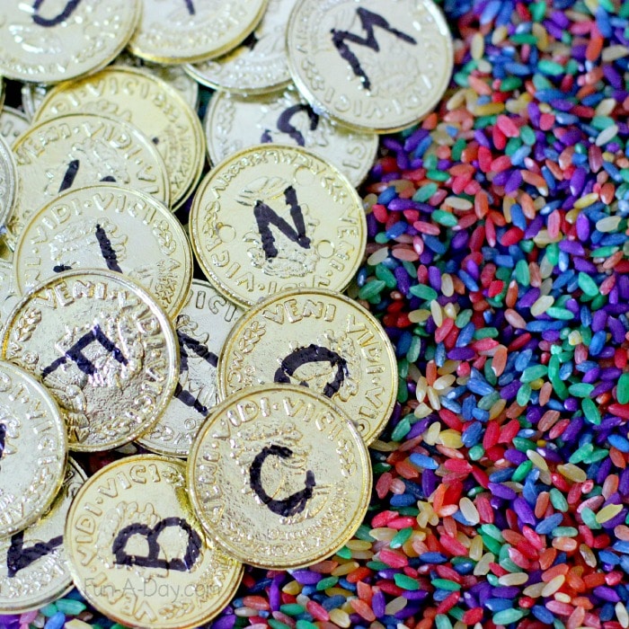 A variety of preschool alphabet activities using gold coins
