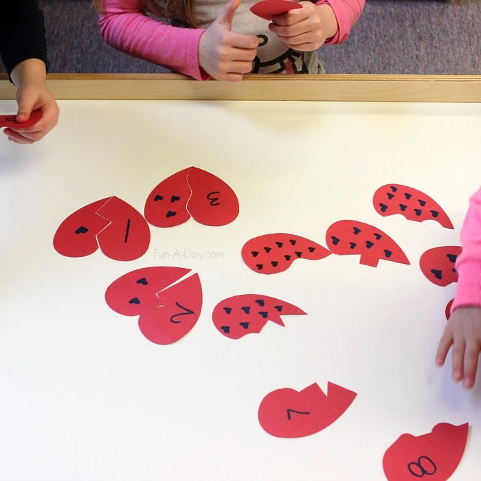Broken Hearts - A valentine math activity for preschoolers to practice matching numerals to quantities