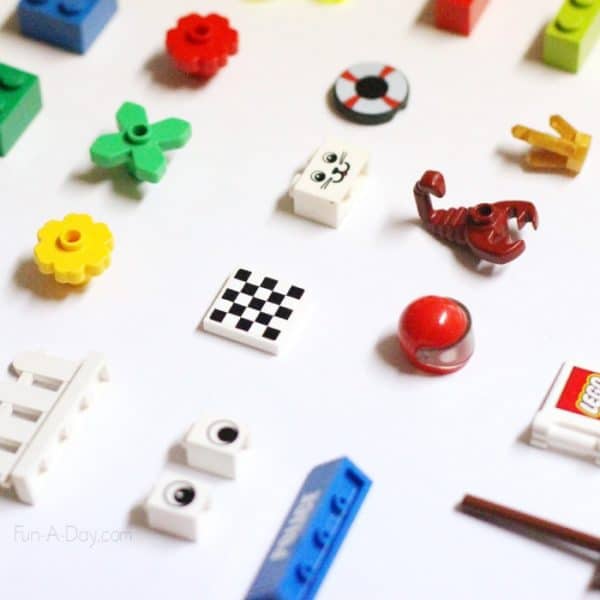 LEGO science scavenger hunt using random small LEGO items