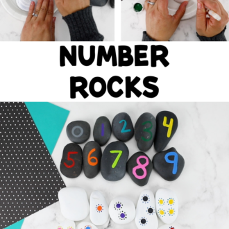 hands painting rocks, adding dots for numbers, then the finished product of painted rocks with numbers and corresponding dots on them. text reads number rocks
