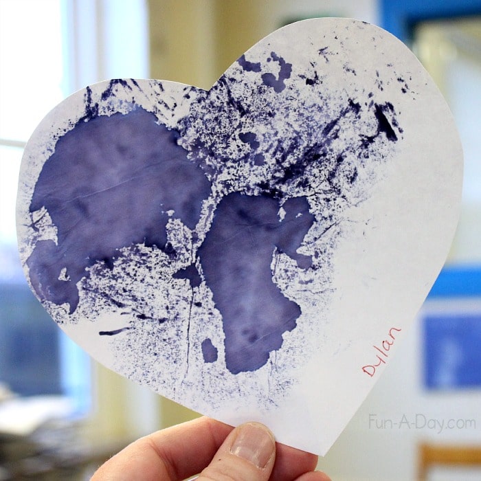Valentine art project for preschoolers - fun process of creating heart prints using coffee filters, paper, markers, and water! I love that each one was so different.