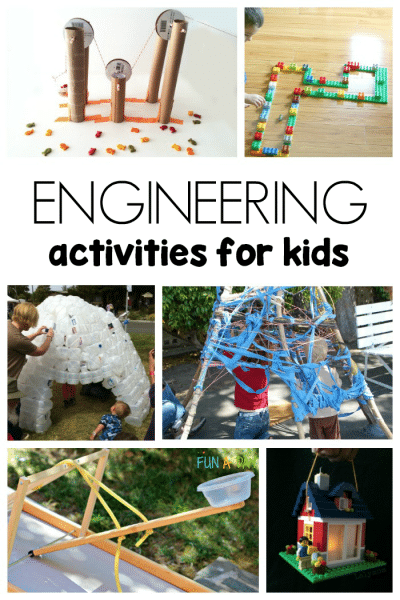 multiple engineering projects with text that reads engineering activities for kids