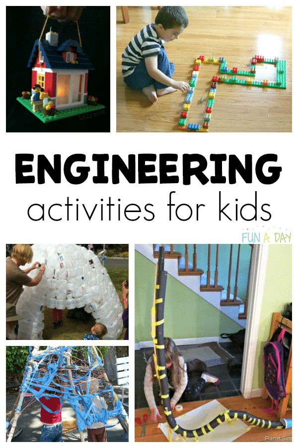 collage of STEM activities with text that reads engineering activities for kids
