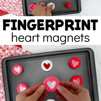 a tray of colorful fingerprint clay magnets and the text fingerprint heart magnets